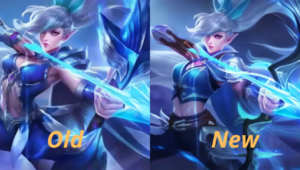 Gamber portrait salah satu hero Mobile Legends "Miya" yang di sandikan portrait sebelum dan sesudah remodel